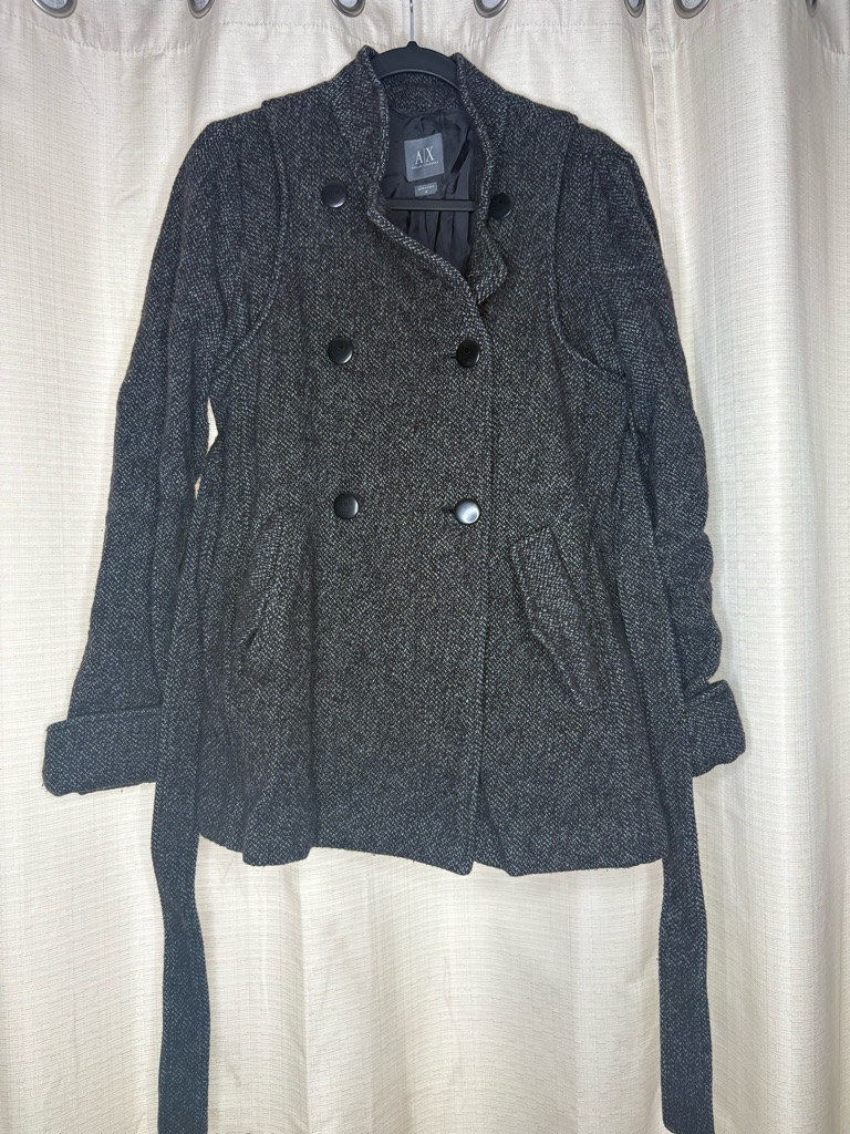 A/X Armani Exchange Women's Wool Dark Charcoal Textured Double-Breasted Peacoat
